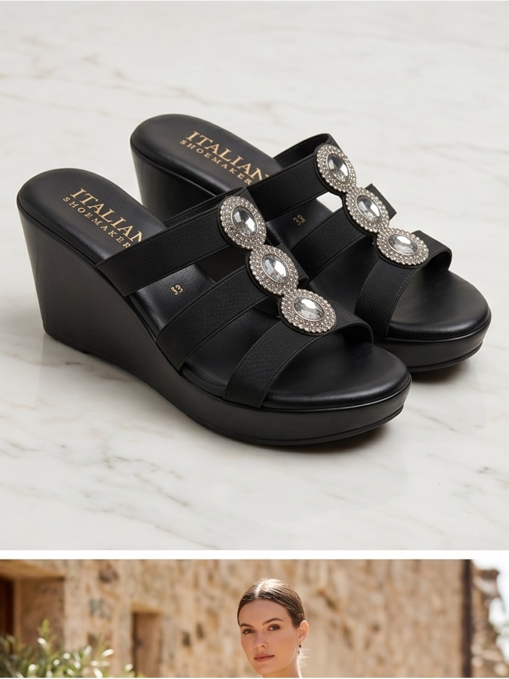 Italian Shoemakers Black Rhinestone Wedge Slide Sandals Size 8.5 Made in Italy